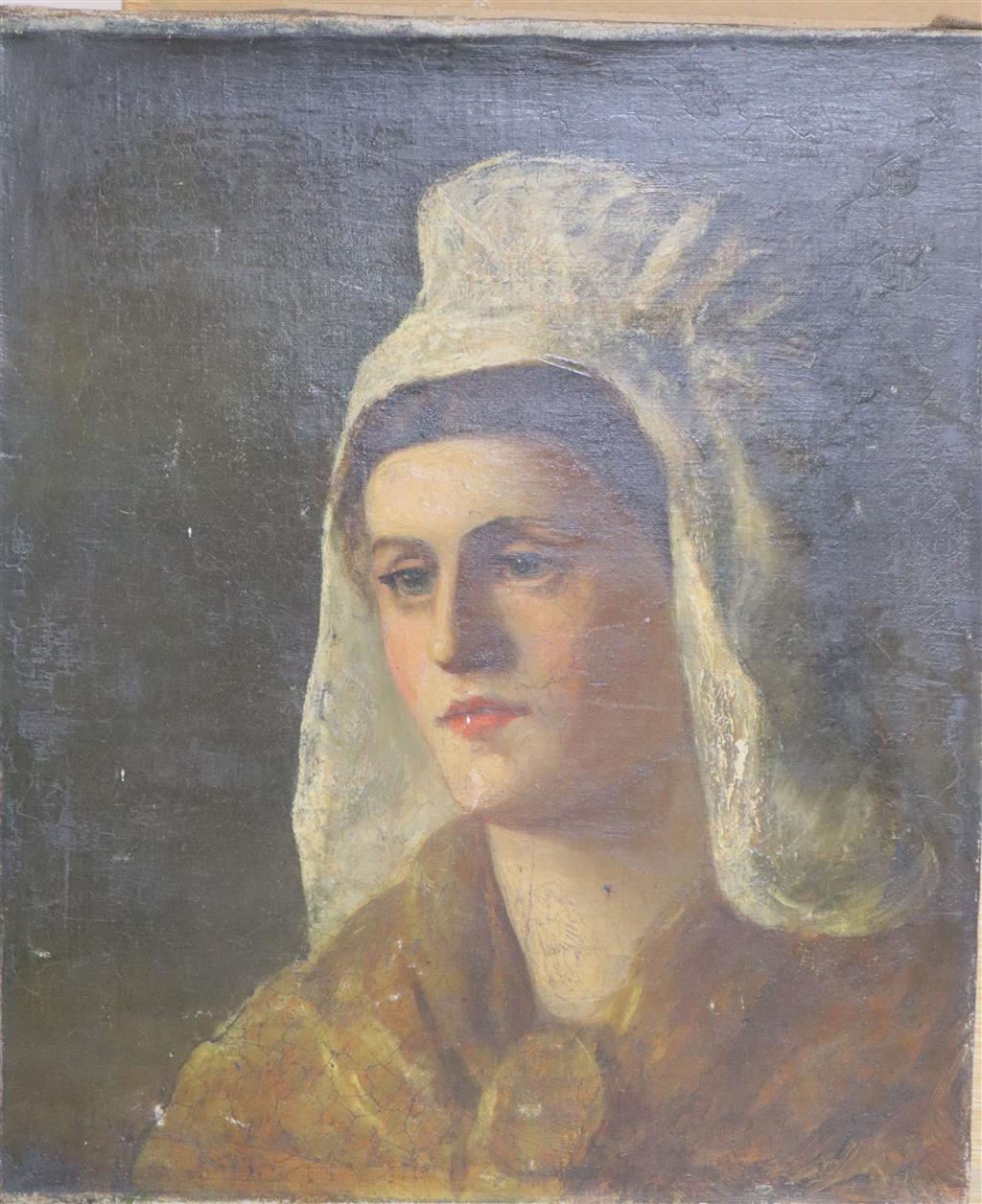 Flemish School circa 1900, oil on canvas, Head study of a young woman, 36 x 31cm, unframed